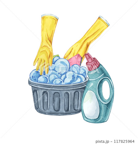 A black basket filled soap lather with cleaning supplies and pair of yellow gloves. Watercolor Clipart for illustrating articles on spring cleaning, housekeeping tips, and cleaning service promotions A black basket filled soap lather with cleaning supplies and pair of yellow gloves. Watercolor Clipart for illustrating articles on spring cleaning, housekeeping tips, and cleaning service promotions 117825964