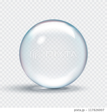 Clear soap bubble with subtle rainbow reflections. 3d vector water drop on a transparent background Clear soap bubble with subtle rainbow reflections. 3d vector water drop on a transparent background 117826007