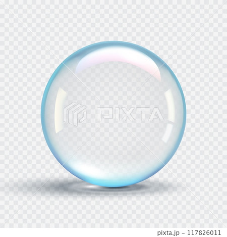 Realistic transparent soap bubble with blue tint. Water clear drop. Vector 3d illustration 117826011