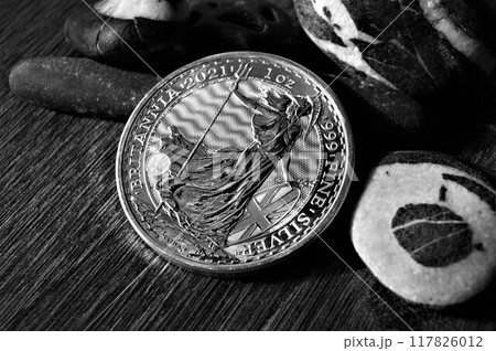 Black and white photo. 2 Pounds Britania 1 oz Fine silver coin 2021. 117826012