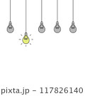 Vector illustration of light bulbs with one burning, an idea that has arisen, hanging non-working light bulbs, a promising idea, 5 cartoon-style light bulbs, a symbol of the idea 117826140