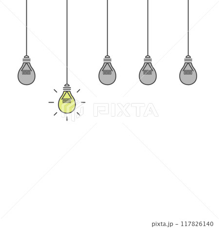 Vector illustration of light bulbs with one burning, an idea that has arisen, hanging non-working light bulbs, a promising idea, 5 cartoon-style light bulbs, a symbol of the idea 117826140