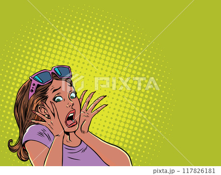 Pop Art Retro The woman screams in horror, covering her face with her hands. Scary offers for manicures and personal care products. Surprised and frightened client. Pop Art Retro The woman screams in horror, covering her face with her hands. Scary offers for manicures and personal care products. Surprised and frightened client. 117826181