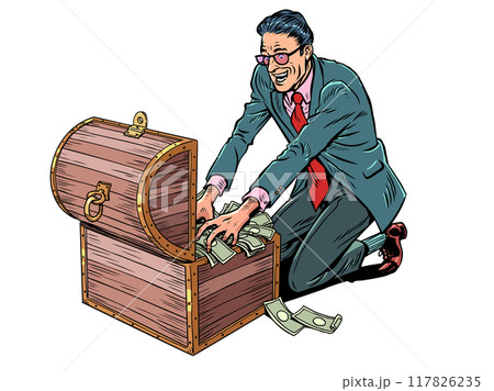 Pop Art Retro A man in a suit touches a chest with banknotes. Safety of financial savings. Greedy desire for wealth. 117826235