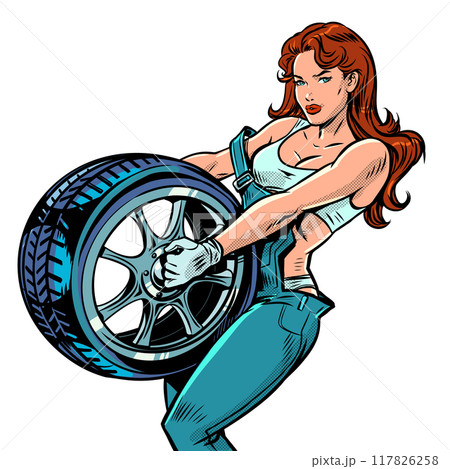 Pop Art Retro A woman in overalls is a tire mechanic for cars. Vehicle repair workshop. Replacement of disks and tires for drivers' cars. 117826258