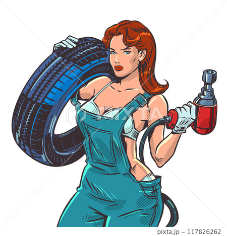 Pop Art Retro A woman in overalls is a tire mechanic for cars. Vehicle repair workshop. Advantageous offer for driver clients. Pop Art Retro A woman in overalls is a tire mechanic for cars. Vehicle repair workshop. Advantageous offer for driver clients. 117826262