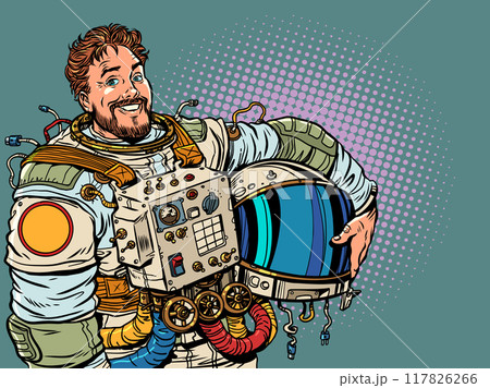 The approaching future and human exploration of outer space. The male astronaut took off his helmet. Unique offers on Cosmonautics Day. Pop Art Retro The approaching future and human exploration of outer space. The male astronaut took off his helmet. Unique offers on Cosmonautics Day. Pop Art Retro 117826266