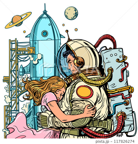Pop Art Retro An astronaut says goodbye to his beloved against the backdrop of a space rocket launch. Love overcomes all boundaries and all trials. Work requires sacrifice. 117826274