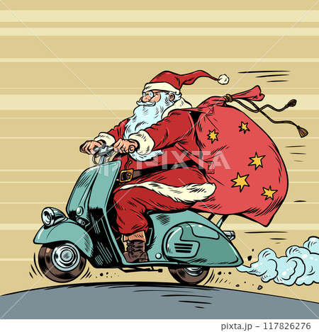 Christmas is coming closer on two wheels. Santa claus rides a moped with a bag of gifts. Upcoming holidays and seasonal sales along with it. Pop Art Retro Christmas is coming closer on two wheels. Santa claus rides a moped with a bag of gifts. Upcoming holidays and seasonal sales along with it. Pop Art Retro 117826276
