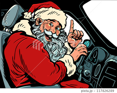 Pop Art Retro Santa Claus is sitting in a car behind the wheel. Coming Christmas and New Year holidays. Gift courier on the eve of the holidays. 117826289