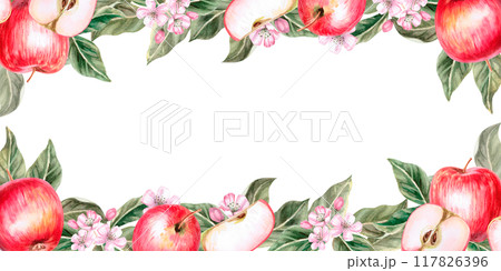 Rectangular frame with red ripe apples, slices and leaves in realistic style. Isolated watercolor illustration for farm fruit design, agricultural fairs, organic product packaging Rectangular frame with red ripe apples, slices and leaves in realistic style. Isolated watercolor illustration for farm fruit design, agricultural fairs, organic product packaging 117826396