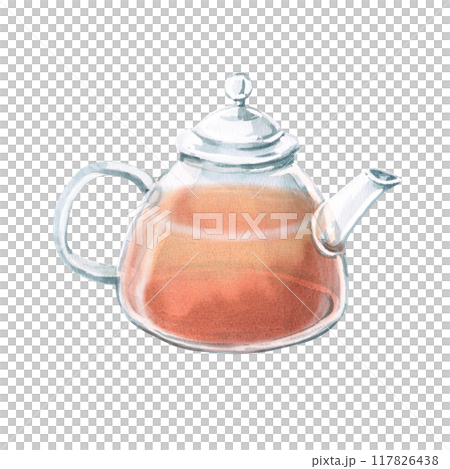 Transparent teapot with tea inside in watercolor. Isolated illustration in realistic style for design of menu of restaurants, cafes, tea shops, cookbooks. Tea ceremony Transparent teapot with tea inside in watercolor. Isolated illustration in realistic style for design of menu of restaurants, cafes, tea shops, cookbooks. Tea ceremony 117826438