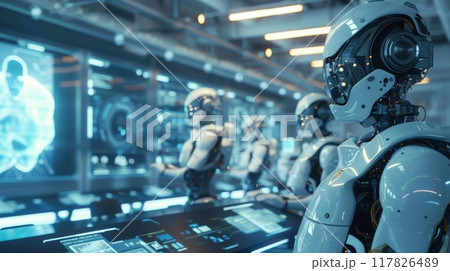 A group of humanoid robots observe advanced holographic technology in a high-tech research lab A group of humanoid robots observe advanced holographic technology in a high-tech research lab 117826489