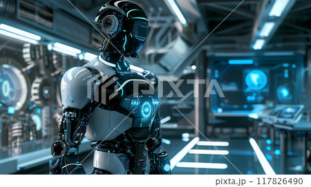 Robot is stationed in a sleek, futuristic lab filled with high-tech equipment and displays Robot is stationed in a sleek, futuristic lab filled with high-tech equipment and displays 117826490