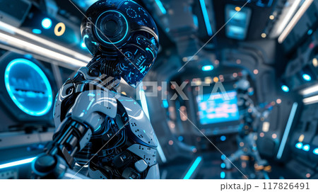 A sleek robot examines glowing control panels in a dimly lit, futuristic spaceship environment A sleek robot examines glowing control panels in a dimly lit, futuristic spaceship environment 117826491