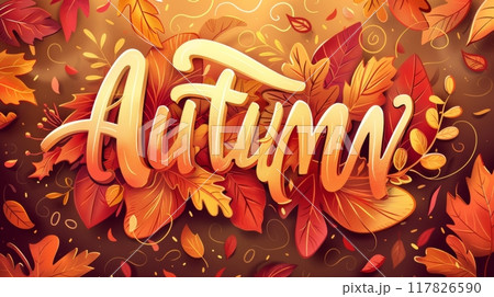 A digital illustration featuring the word Autumn written in a stylized, hand-lettered font against a background of colorful autumn leaves A digital illustration featuring the word Autumn written in a stylized, hand-lettered font against a background of colorful autumn leaves 117826590