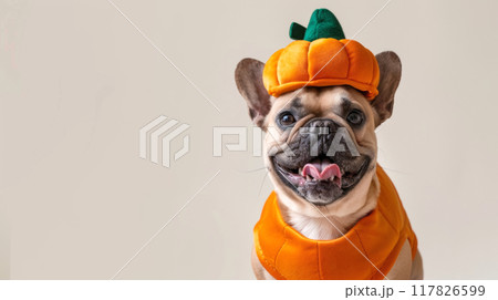 A French Bulldog is wearing an orange pumpkin costume and hat for Halloween A French Bulldog is wearing an orange pumpkin costume and hat for Halloween 117826599