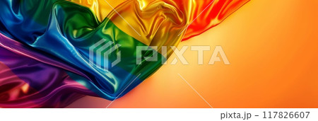 A vibrant rainbow pride flag draped on a soft orange background 117826607