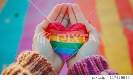 Two hands hold a rainbow-colored heart in front of a blurred rainbow background Two hands hold a rainbow-colored heart in front of a blurred rainbow background 117826636