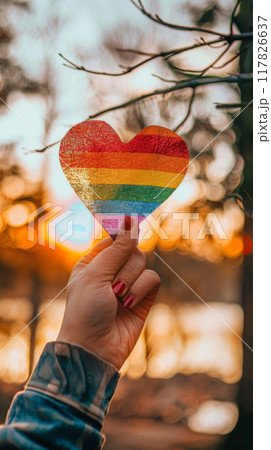 A hand holds up a rainbow heart shape against a blurry sunset background 117826637