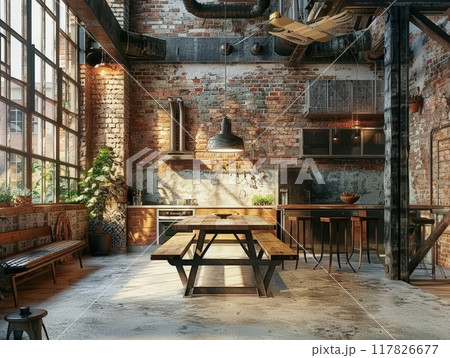 A modern industrial kitchen with exposed brick walls and a large window, featuring a rustic wooden table and chairs A modern industrial kitchen with exposed brick walls and a large window, featuring a rustic wooden table and chairs 117826677