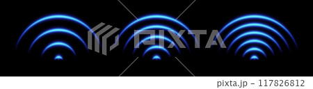 WiFi light effect, sound wave icons, radar signal concept. Blue wireless network glowing element 117826812