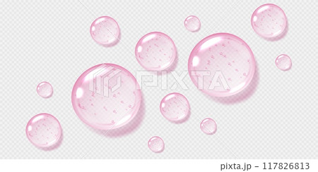 Pink serum drops, transparent gel droplets, realistic glossy liquid, moisturizing cosmetic product 117826813
