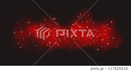 Red magic smoke with stars and sparkles, fog with glowing particles, colorful vapor with star dust. 117826818