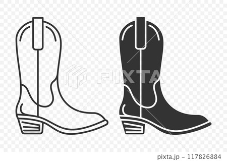 Cowboy Boots. Flat Vector Linear and Silhouette Male and Female High Boots Icon Set Isolated. Footwear Symbol Set, Design Template, Clipart. Vector Illustration 117826884