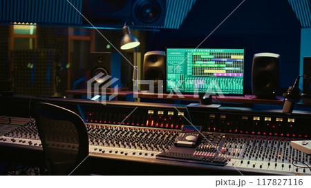 Music recording studio control room with daw software used to mix and master audio tracks, empty soundproof professional space. Modern sliders on control panel board to edit sound waves. Music recording studio control room with daw software used to mix and master audio tracks, empty soundproof professional space. Modern sliders on control panel board to edit sound waves. 117827116