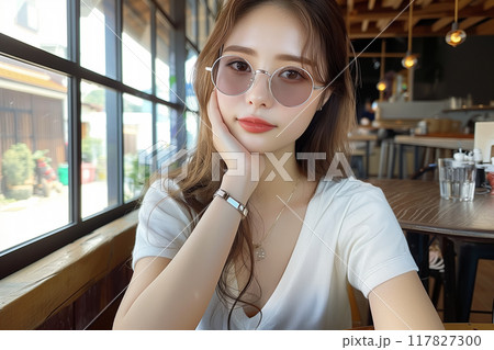 カフェでリラックスする白Tシャツが映える大人女性 117827300