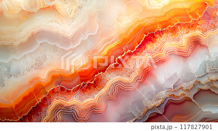 縞模様が美しいオレンジ色の瑪瑙の断面のクローズアップ背景 縞模様が美しいオレンジ色の瑪瑙の断面のクローズアップ背景 117827901