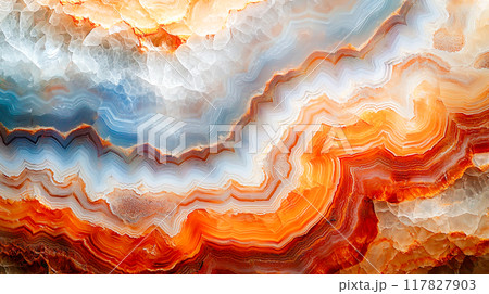 縞模様が美しいオレンジ色の瑪瑙の断面のクローズアップ背景 縞模様が美しいオレンジ色の瑪瑙の断面のクローズアップ背景 117827903