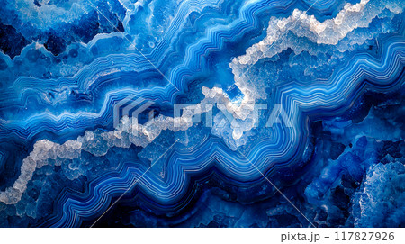 縞模様が美しいブルーの瑪瑙の断面のクローズアップ背景 縞模様が美しいブルーの瑪瑙の断面のクローズアップ背景 117827926