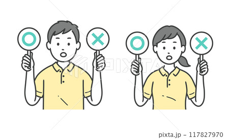 まるとばつの札を上げる介護士男女の上半身イラスト 117827970