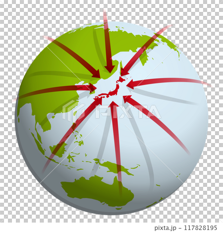 來自世界各地的紅色箭頭聚集在日本的球形世界地圖向量圖 117828195