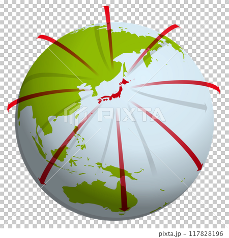一張球形世界地圖，紅色箭頭從日本傳播到世界，向量圖 117828196