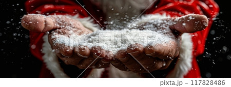 Santa claus holding snow, new year and future concepts in a close up view 117828486