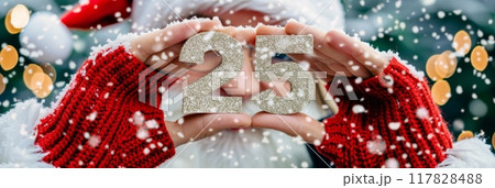 Santa claus hands holding 25 number, symbolizing new year and future concepts with hope 117828488