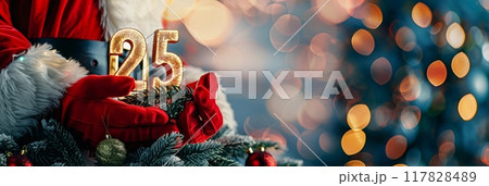 Santa claus hands holding 25 number symbol, signifying new year and future concepts 117828489