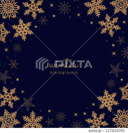 雪の結晶と星がキラキラと輝く。ゴージャスな冬の背景イラスト素材。 117828765