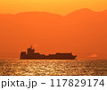夕方の茜色の海を行く船 117829174