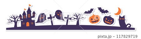 ハロウィンのおばけパーティーのライン　白フチ影付きのシール風 117829719