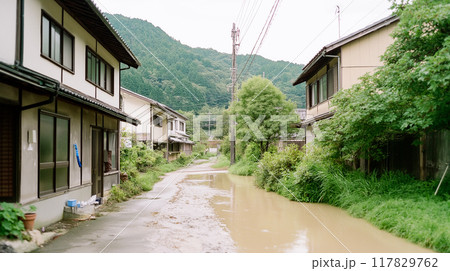 浸水した田舎の住宅地 - 自然災害による被災地の風景 浸水した田舎の住宅地 - 自然災害による被災地の風景 117829762