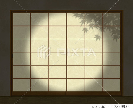 夜の障子の明かりと紅葉の影水彩画 117829989