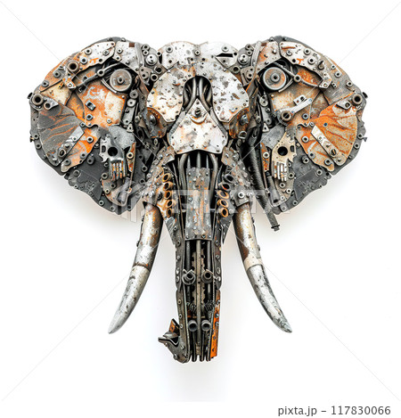 A elephant head sculpture made from recycled scrap metal head made of gears, iron, metal, nuts, and bolts. isolated on white background. Unique, intricate design perfect for art lovers and collectors. A elephant head sculpture made from recycled scrap metal head made of gears, iron, metal, nuts, and bolts. isolated on white background. Unique, intricate design perfect for art lovers and collectors. 117830066