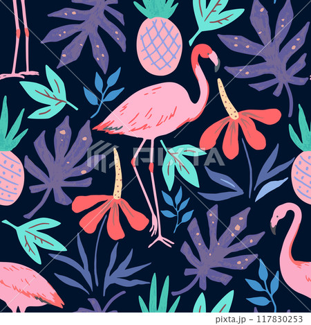 Tropical pattern with doodle flowers, fruits and flamingo.  117830253