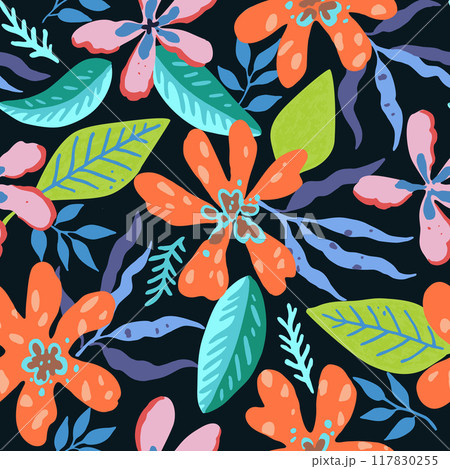 Colorful psychedelic tropical seamless pattern with red and orange flowers. Colorful psychedelic tropical seamless pattern with red and orange flowers. 117830255