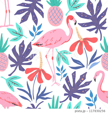 Tropical pattern with doodle flowers, fruits and flamingo. Tropical pattern with doodle flowers, fruits and flamingo. 117830256