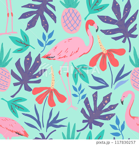 Tropical pattern with doodle flowers, fruits and flamingo.  117830257